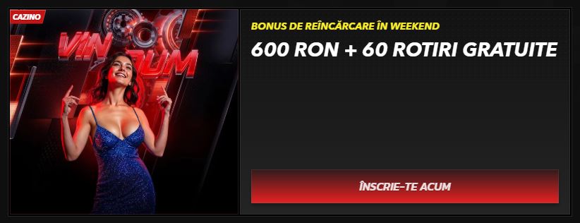Obține bonusul de reîncărcare în weekend la cazino — 600 RON și 60 rotiri gratuite pentru jucătorii activi