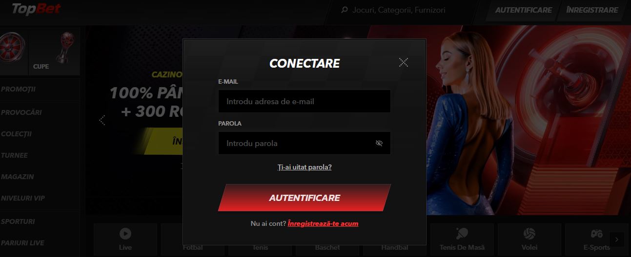 Autentifică-te în contul TopBet introducând adresa de e-mail și parola pe pagina de conectare 